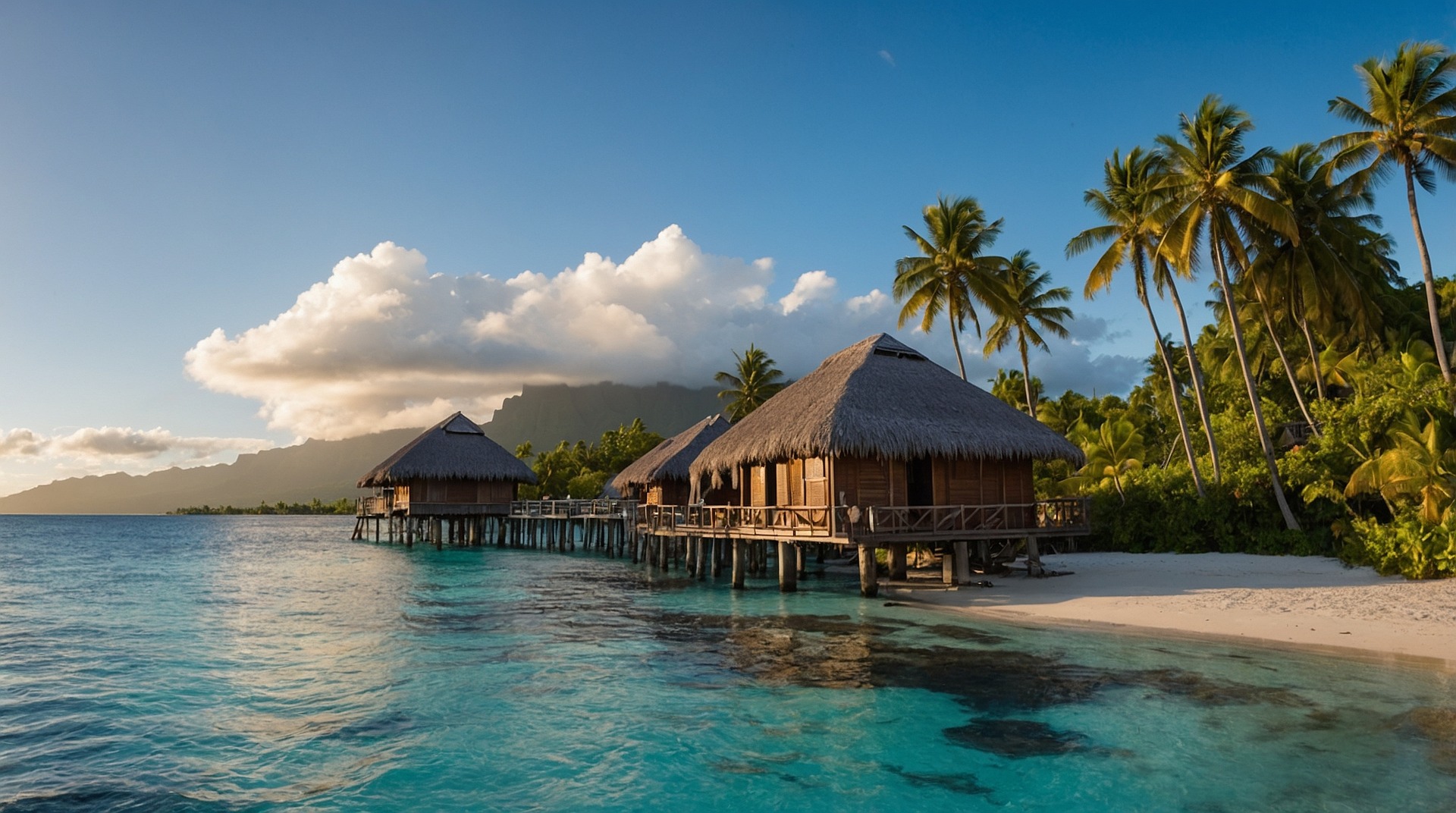 Stunning overwater bungalows in Tahiti with crystal clear turquoise water